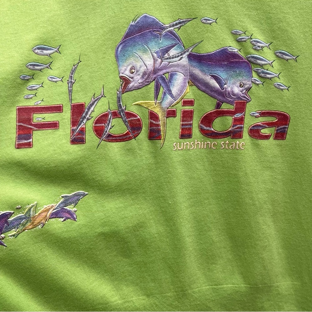 Vintage puffy 90's Florida T shirt sunshine state piranha - dolphins lime green - Picture 2 of 4
